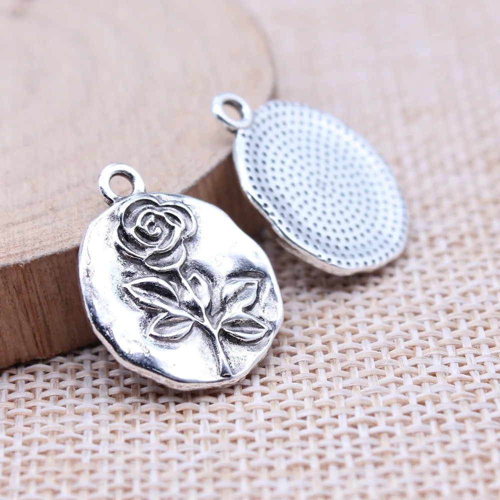 10Pcs/Lot 18x21mm Antique Silver Color Rose Tag Charms Pendant For DIY Jewelry Making Handmade Jewelry Craft Findings