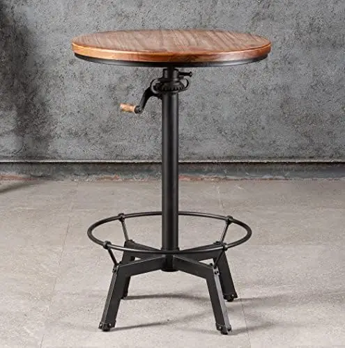 33.5-39.4' Adjustable Industrial Bar Table, 23.7' Round Wood Top, Metal Base