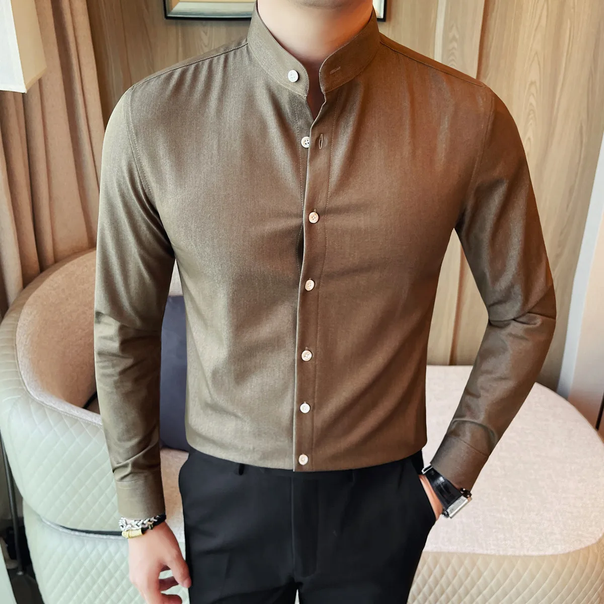 

Imitation Denim Fabric Washed Stand Up Collar Shirt for Men's Autumn Winter Fashion Versatile Casual Business Dress Shirt 2025