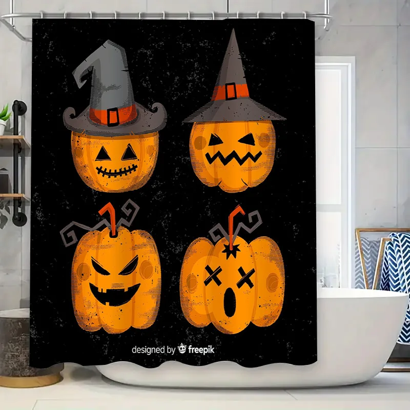 Halloween pumpkin shower curtain, pumpkin-themed bathroom decor, spooky orange Halloween decorations, perfect for your haunted h