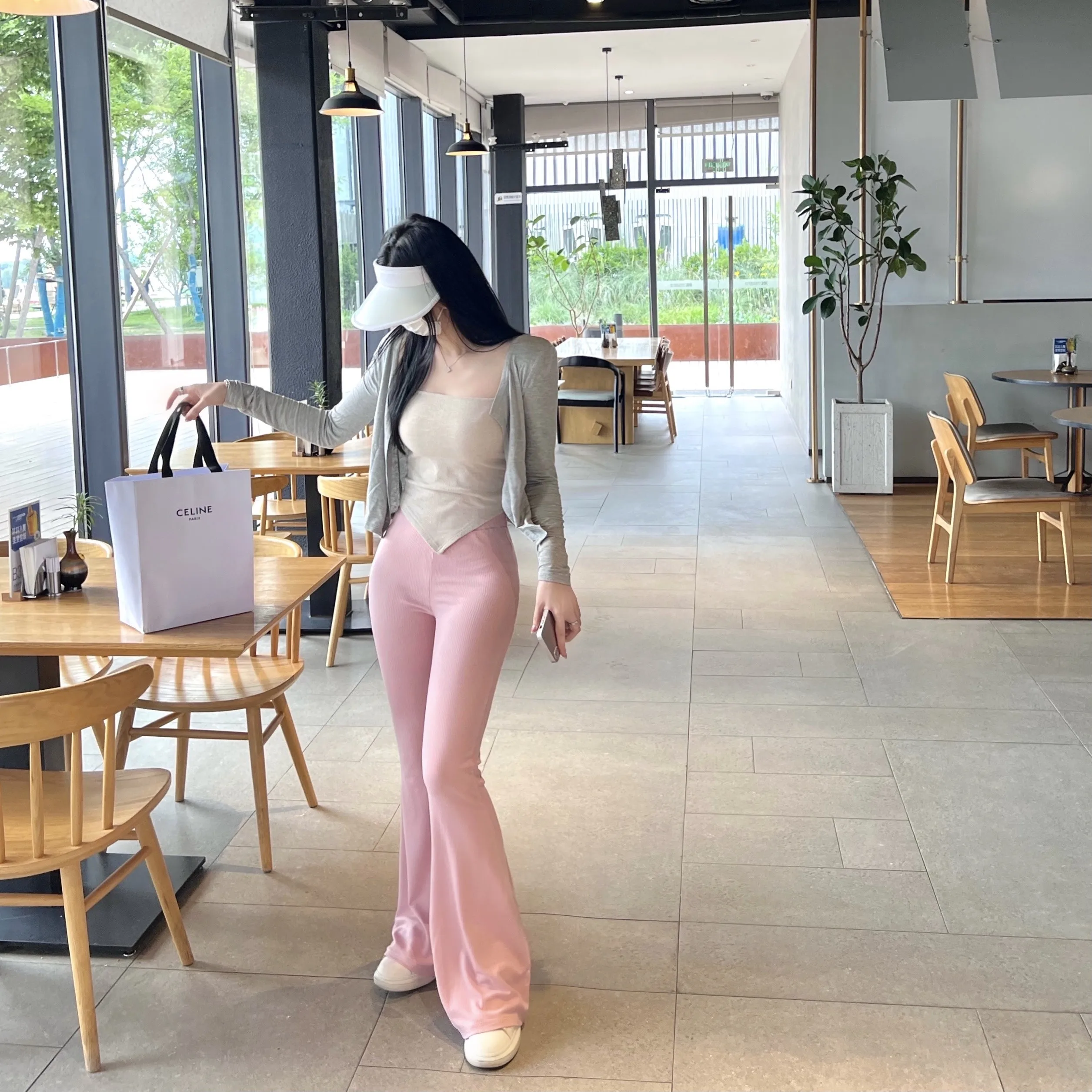 

Широкие брюки для йоги, летние тонкие брюки-клеш, розовые, с высокой талией, асимметричные, длинные, повседневные брюки