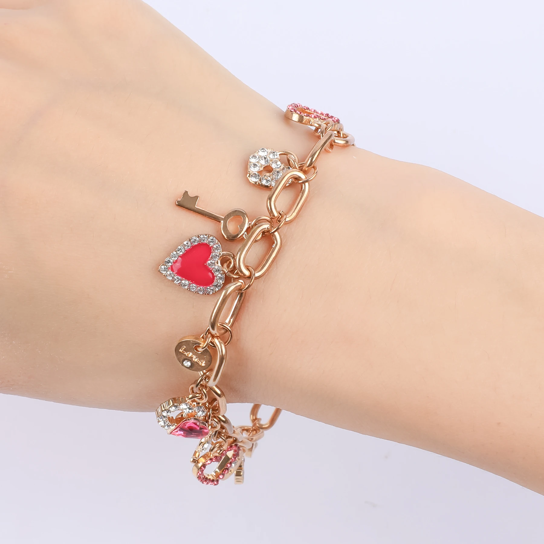 Makersland Charm Bracelets for Women Fashion Jewelry for Ladies Heart Key Locks Zirconia Golden Bracelets Chain Women Girls