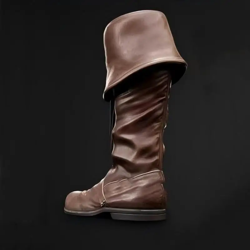 Herren Kunstleder Piratenstiefel, kniehoch, mit umklappbarer Manschette, Schnürung, Renaissance Mittelalter Cosplay Party Kostüm Schuhe 2026 – Detail 3