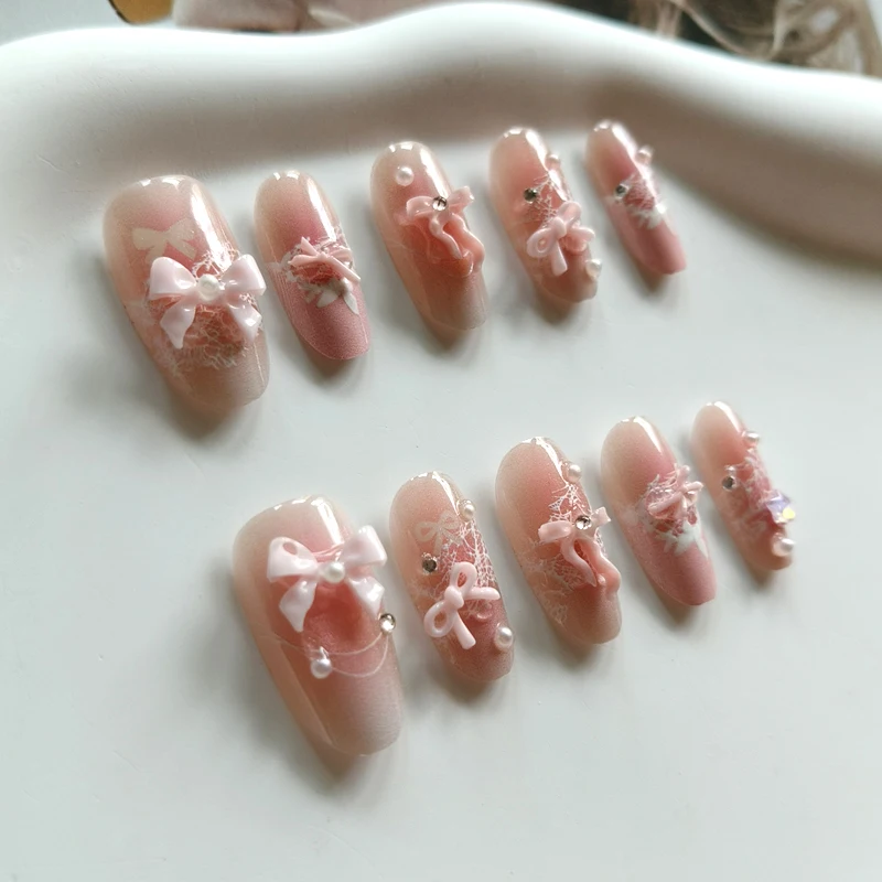 10Pcs French Style 3D Bowknot Rhinestone Lace Polka Dots Design Handmade Press on Nails Almond Shape Love Gentle Fake Nails view 6
