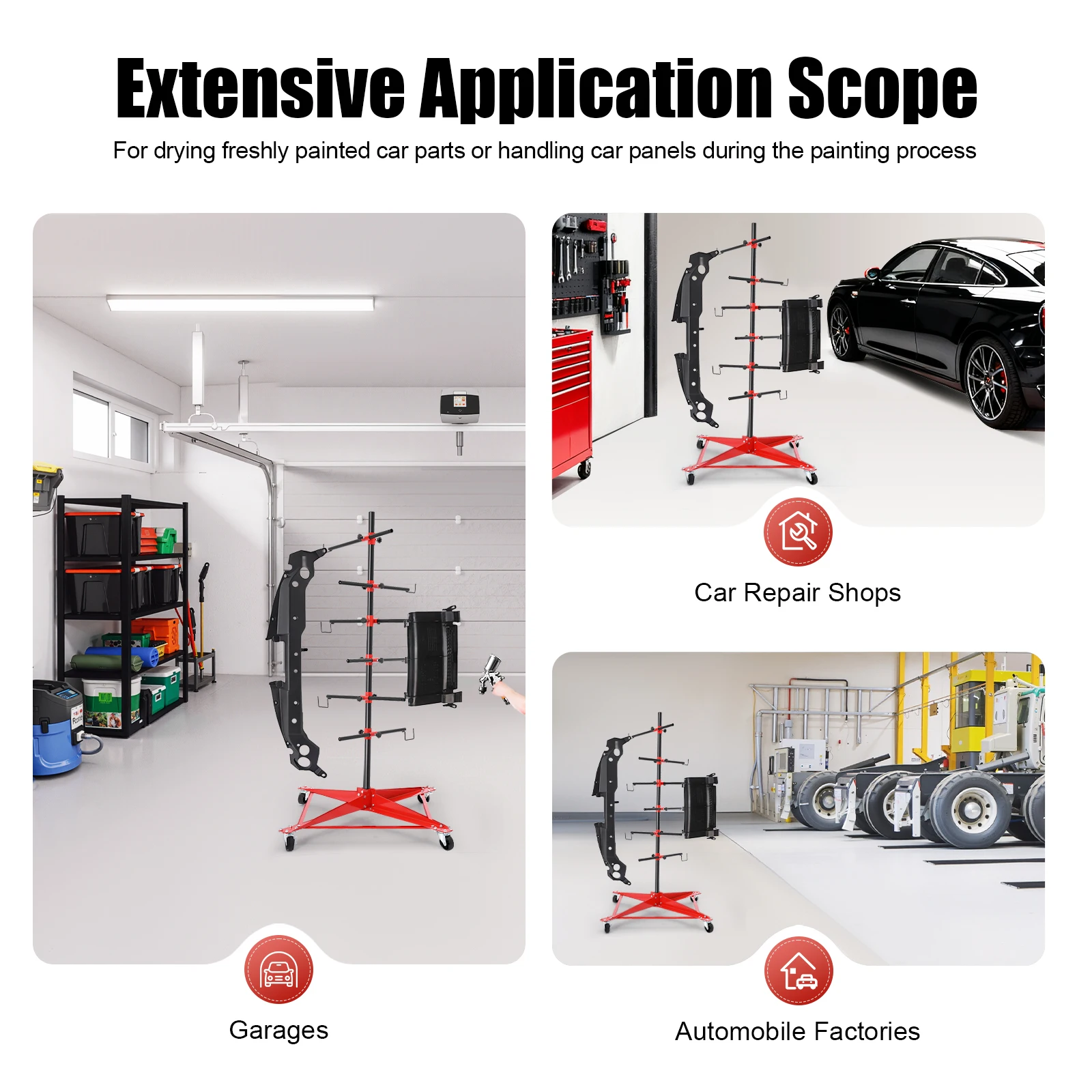 Panel Tree Paint Stand 330lbs Capacity 6 Adjustable Hooks Automotive Doors Fenders Bumper Rack with 4 Wheels