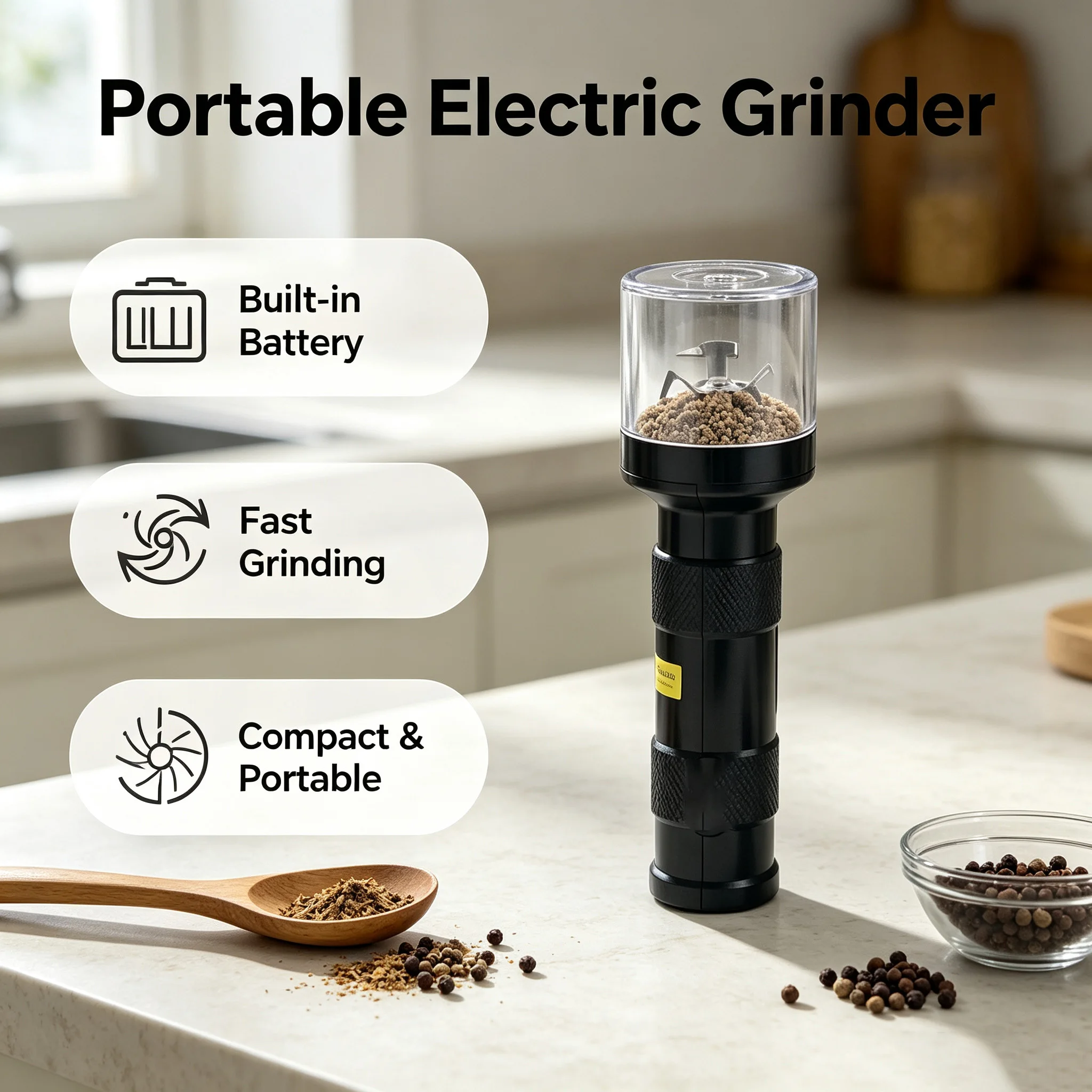 Electric Smoke Grinder USB Rechargeable with Built-In Battery, Compact and Portable, One-Touch Quick Grinding, Outdoor Kitchen Spice and Chili Grinder