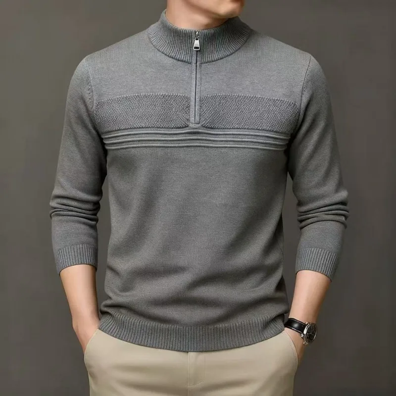 メンズクォータージップアップセーター、抗ピリング、ハーフハイカラーニットウェア、高品質ジャカード厚手セーター、肌に優しいメンズウェア
