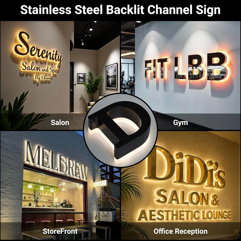 Custom 3D Channel Letters, Large Metal Backlit Business Logo Sign, LED Illuminated Signage for Office, Salon & Retail Storefront