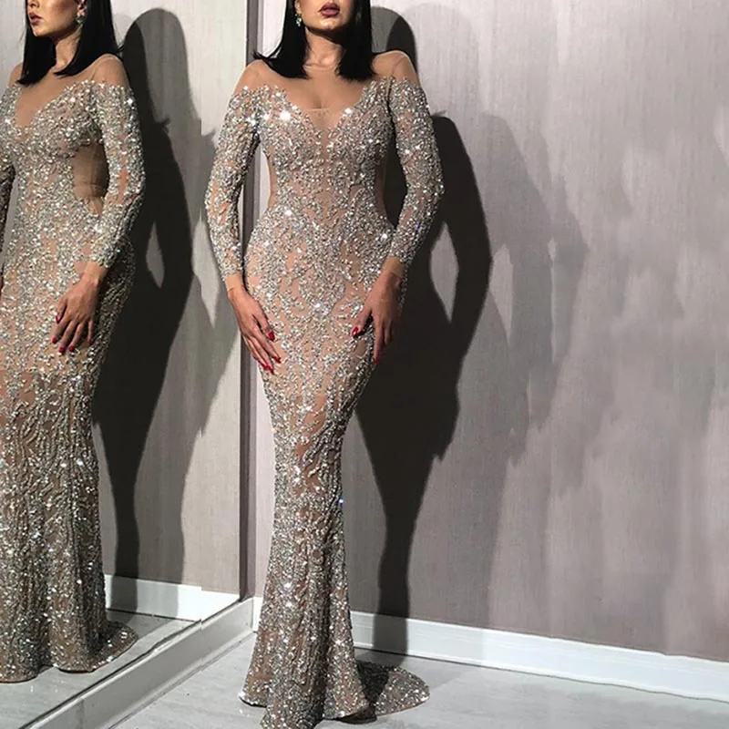 Luxury Women Glod Sequined Evening Dress Fashion Long Sleeves Bridesmaid Wedding Dress Elegant Mermaid Formal Occasion Dresses