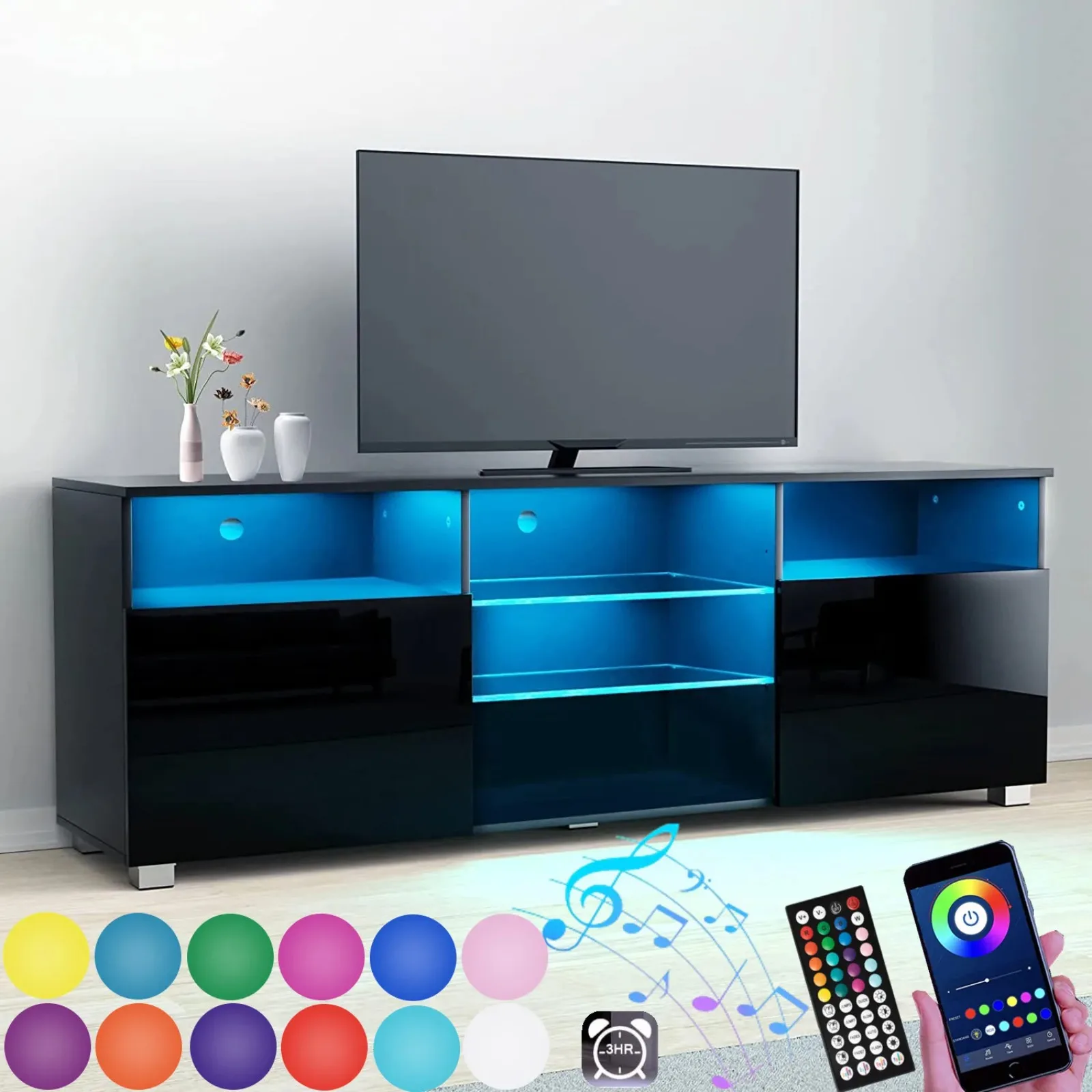 US Modern LED TV stand, media console, desktop entertainment center with glossy cabinet-