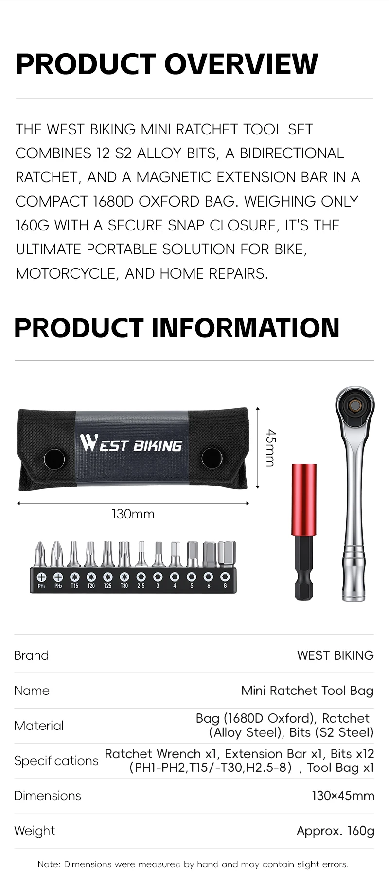 WEST BIKING Fahrradwerkzeug-Set mit Ratschenschlüssel, S2-Legierungsstahl-Bits, tragbares Fahrrad-Reparaturset mit magnetischer Verlängerungsstange – Detail 2
