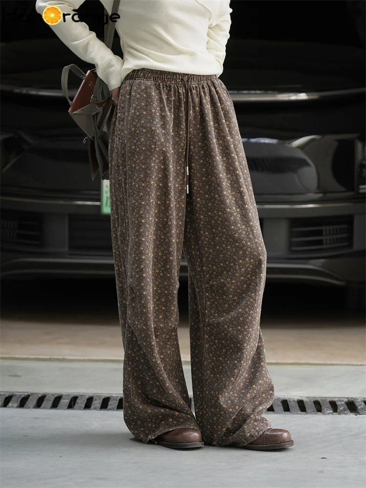 HanOrange 2025 Pantaloni autunnali bohémien retrò floreali con coulisse elastica Pantaloni da donna a vita alta con sensazione di caduta