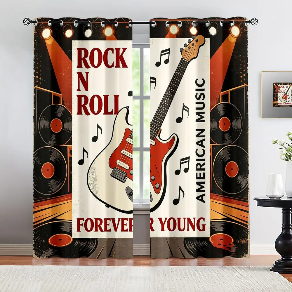 

Rock and Roll Music Print Curtains, Retro Electric Guitar Design Blackout Curtains, Vintage Americana Style Window Drapes