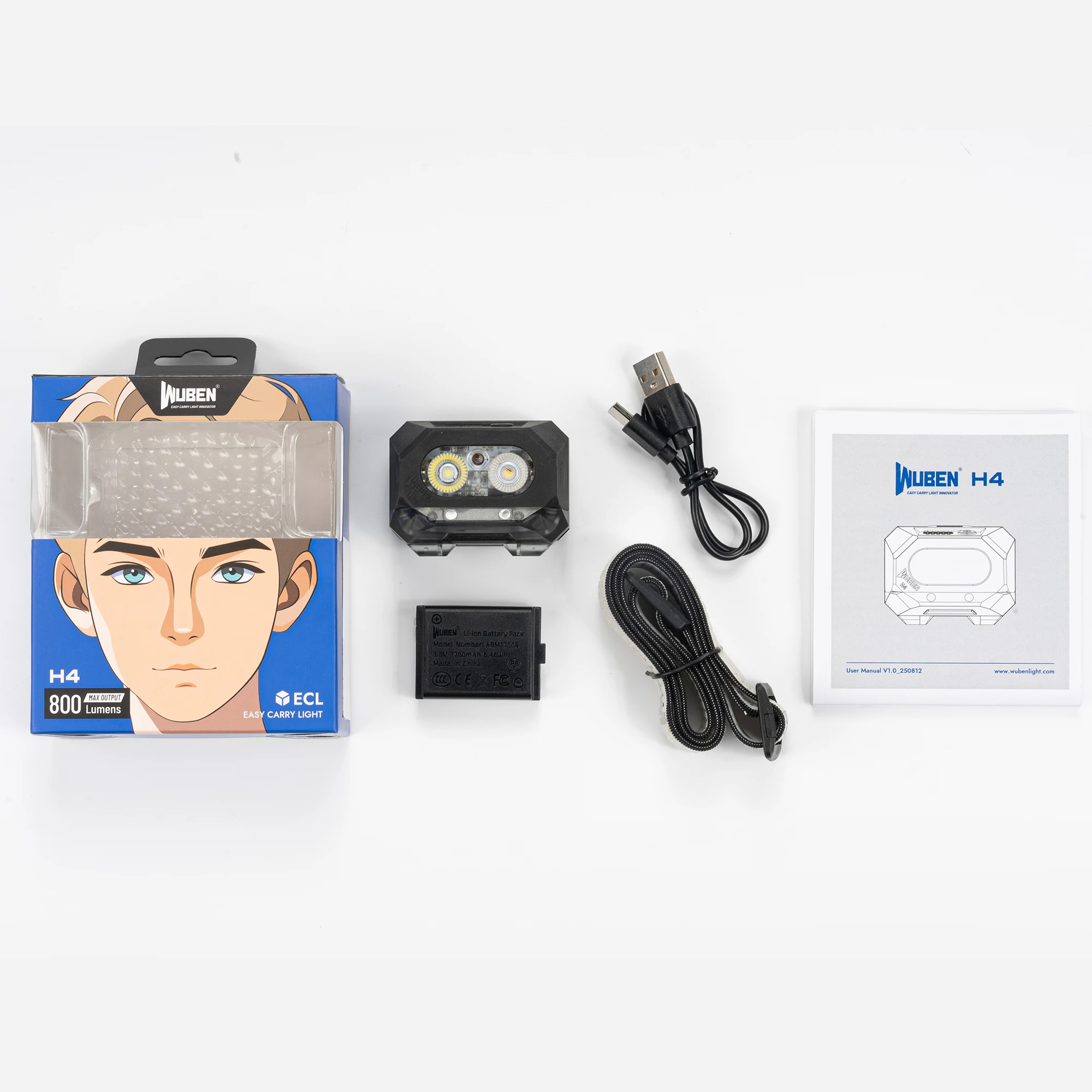 WUBEN H4 800 لومن مستشعر حركة للمصابيح الأمامية LED القابلة لإعادة الشحن، مصباح أمامي مع بطارية