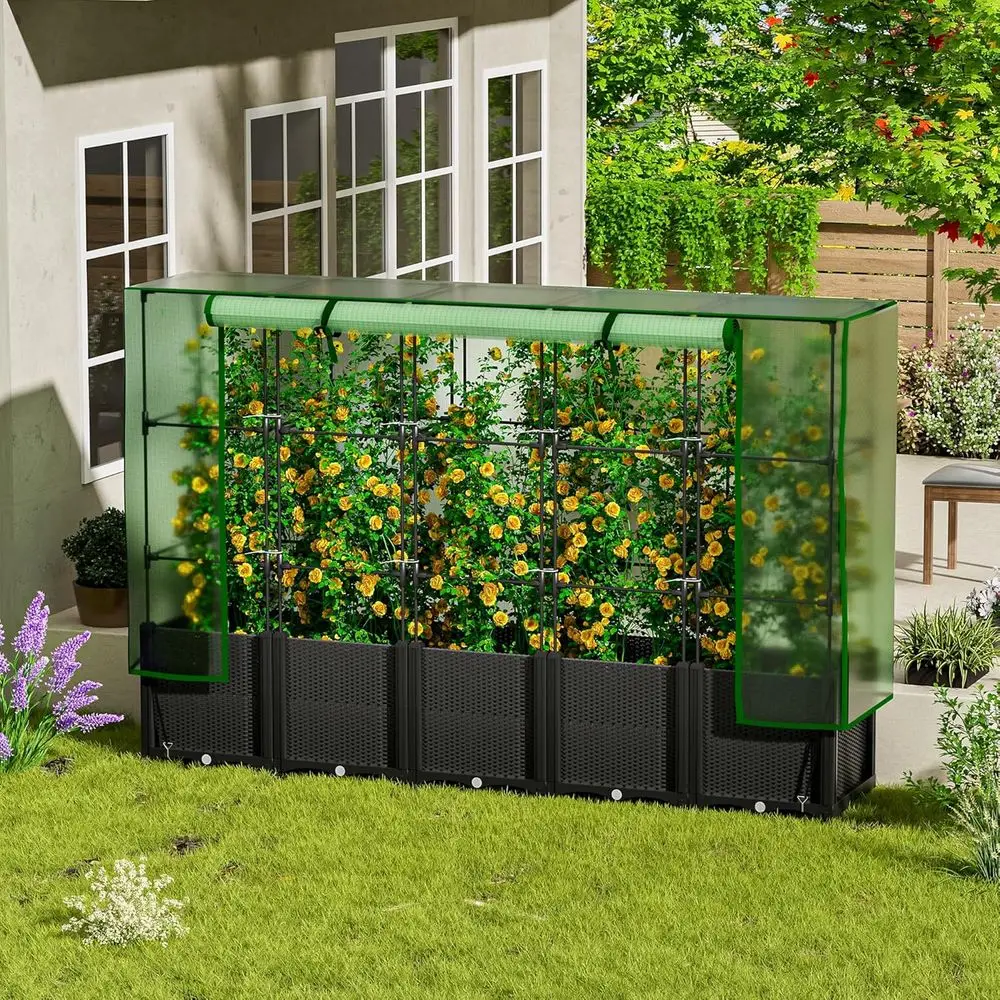 Grand lit de jardin vertical en plastique noir avec serre, treillis et système d'arrosage automatique pour tomates et plantes grimpantes