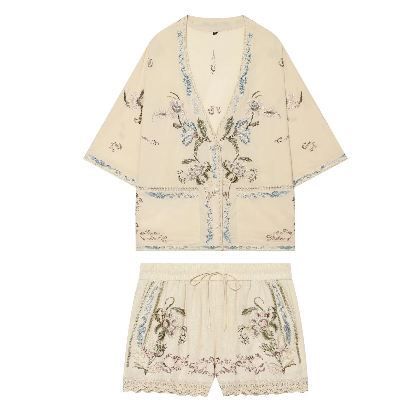European and American style summer new women's versatile V-neck short sleeved embroidered shirt mid waist shorts set