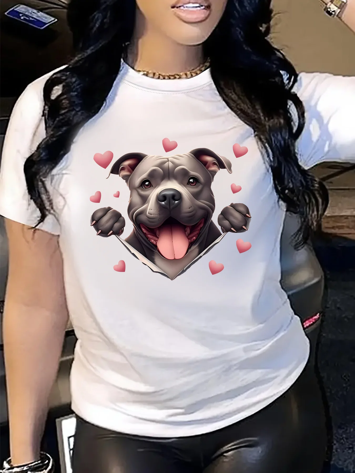

Women's Cute Dog Heart Print T-Shirt Round Neck Short Sleeve Cotton Tees Retro Hip Hop Y2k T-shirt Summer Tops Women Clothing
