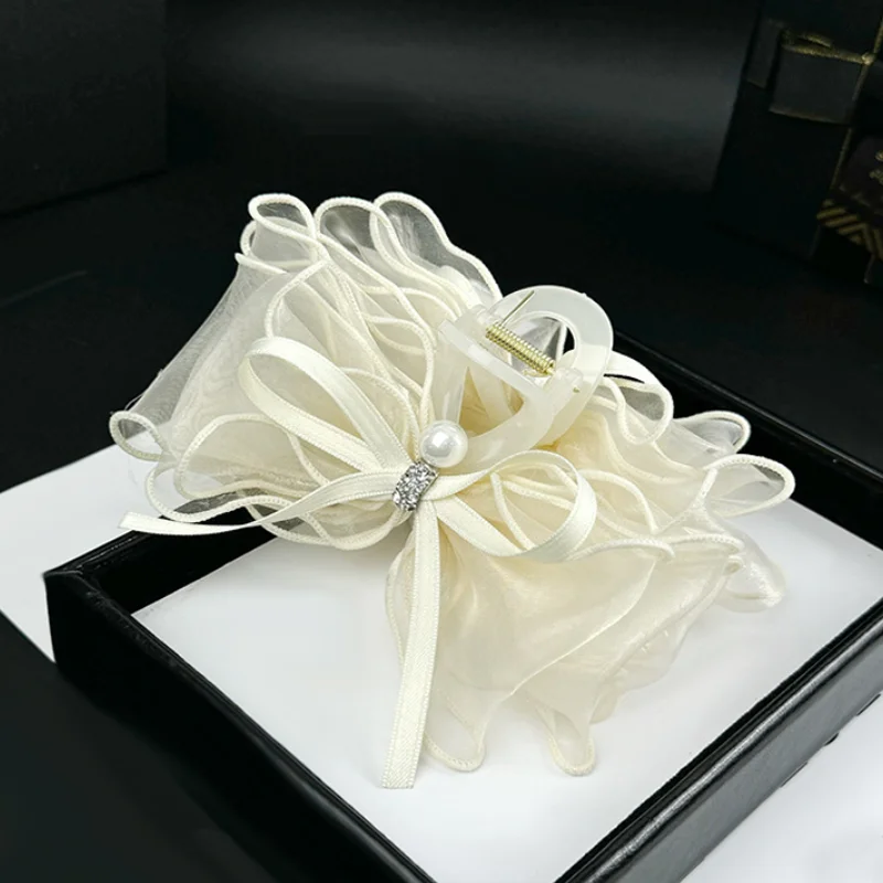 

White Black Mesh Belt Hair Claws Clip with Diamond Bow Back Head Shark Clip Hairpin Women Sweet Hair Clip Accessories Headwear