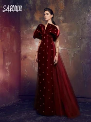 Burgundy Velvet Elegant Embroidery Beaded Evening Dress Women Chic Formal Cocktail Customized Party Prom Gown Vestidos De Novia