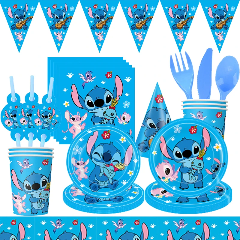 Disney Stitch Birthday Decorations Disposable Tableware Plate Napkin Straw Tablecloth Foil Balloon Party Supplies Kids Gifts