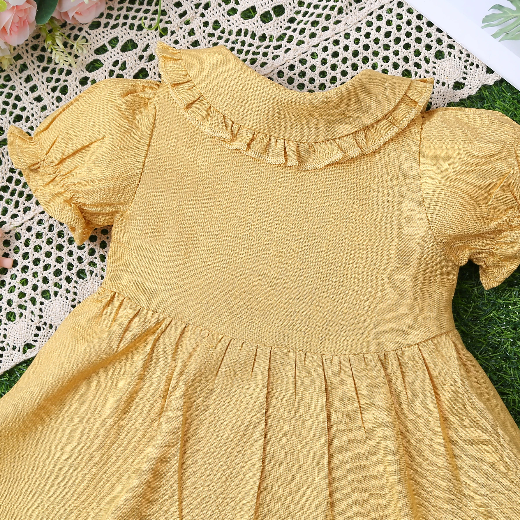 Summer baby girl\'s solid color lapel ruffled doll collar front button up dress Child Accessories