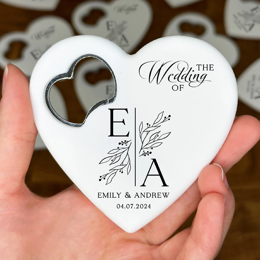 

Custom 10-30pcs Magnet Bottle Opener Bridal Shower Favors Heart-Shaped Engraved Bottle Opener Wedding Party Souvenir in Bulk