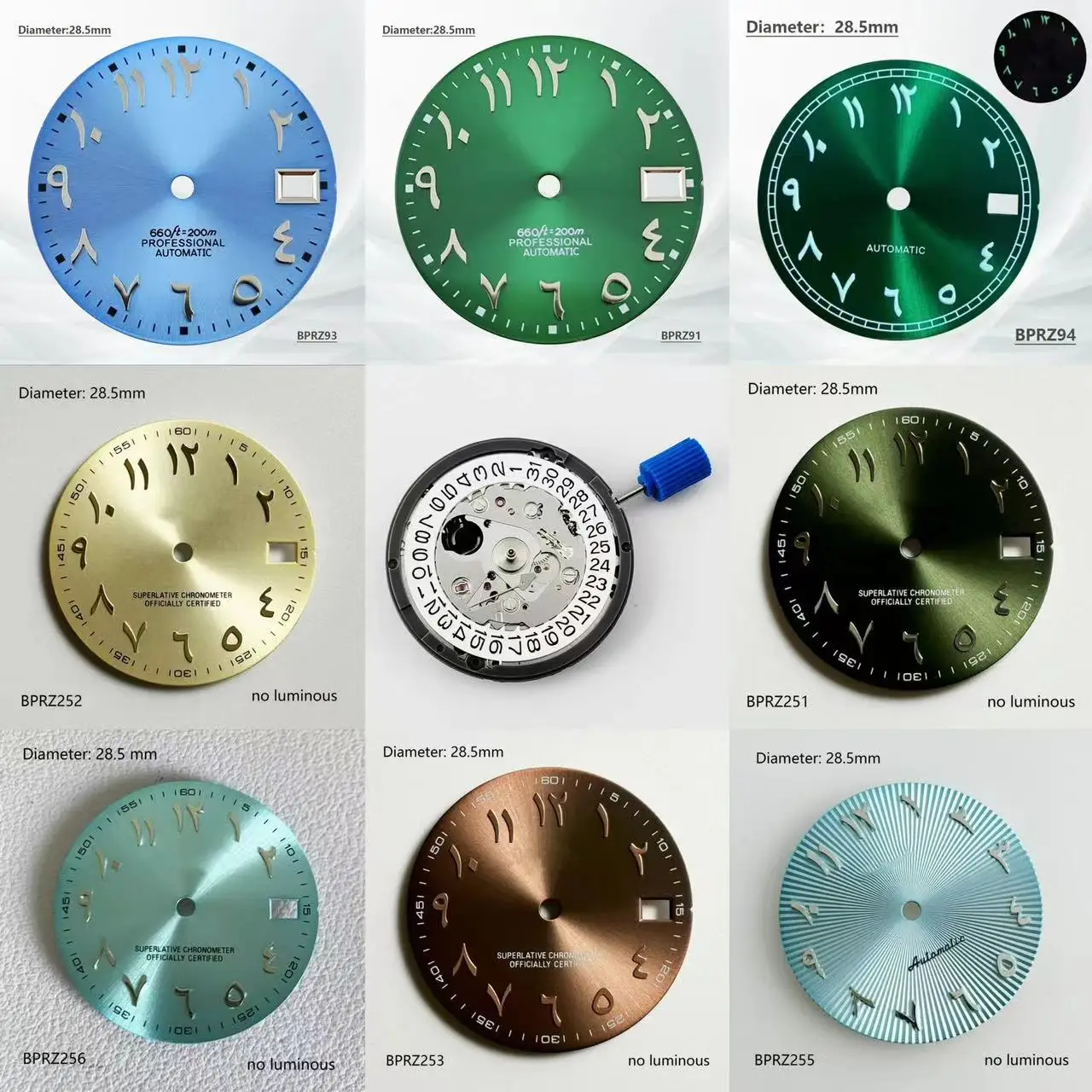 

28.5mm NH35 Automatic Mechanical Movement Blue Green Silver Black Non Luminous S Logo Arabic Numeral Hot Selling Dial