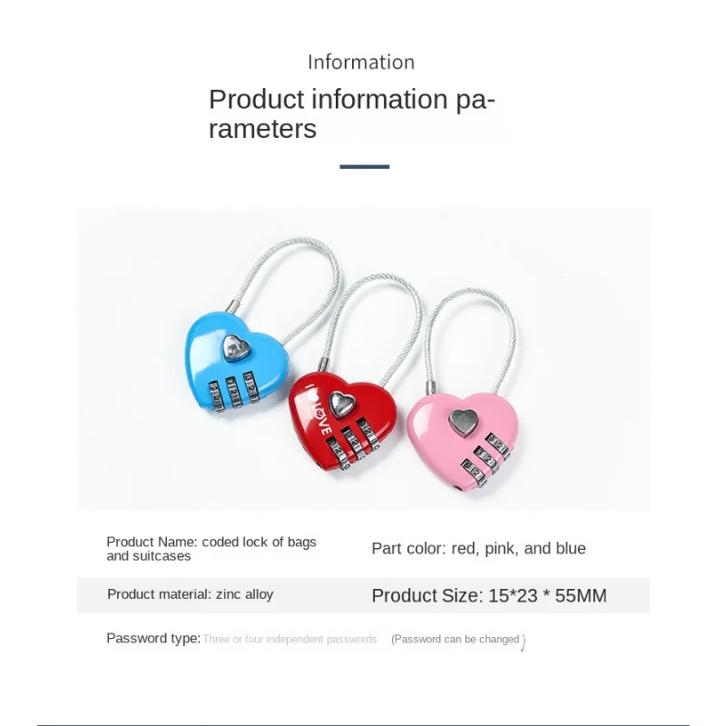 Creative heart-shaped combination lock fashion cute padlock zinc alloy wire rope lock digital door lock  door lock