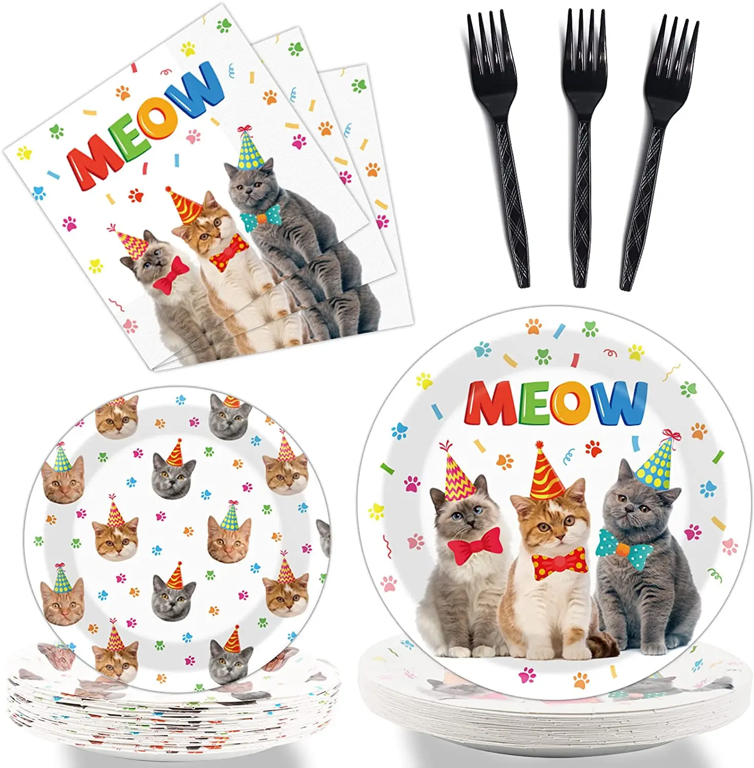 Cat Birthday Party Decorations Packs Kitten Paper Tableware Set Balloons Plates Napkins Globes for Cat Baby Shower Party Supples