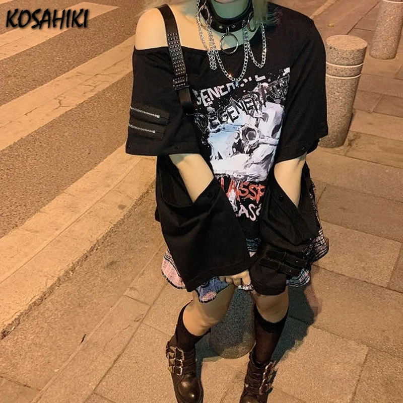 KOSAHIKI Y2k T-shirt Women Harajuku Black Vintage Tops Skull Print Off Shoulder Belted Tee Shirt Summer 2024 Japan Streetwear