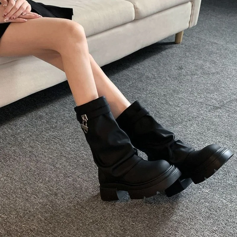 

Heel Boots Shoes Round Toe Luxury Designer Boots-Women Elegant Lolita Autumn Rock Ladies Fashion Ankle 2025 Solid Slip