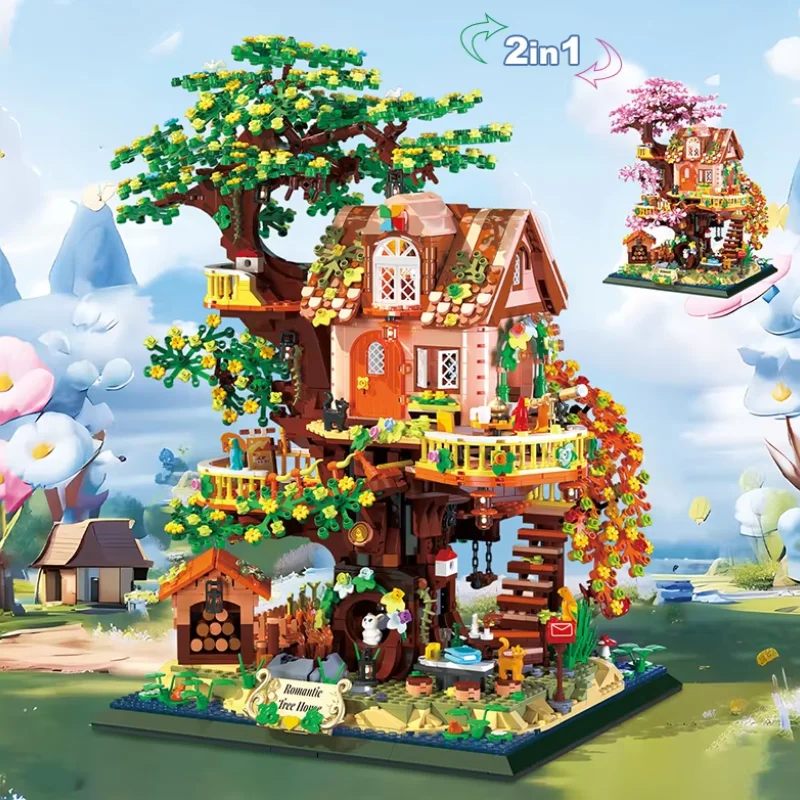 2 IN 1 Fiore Albero Casa Building Blocks Luci Modello City Street View Mini Mattoni assemblati Giocattoli per bambini Ragazze Regali di Natale