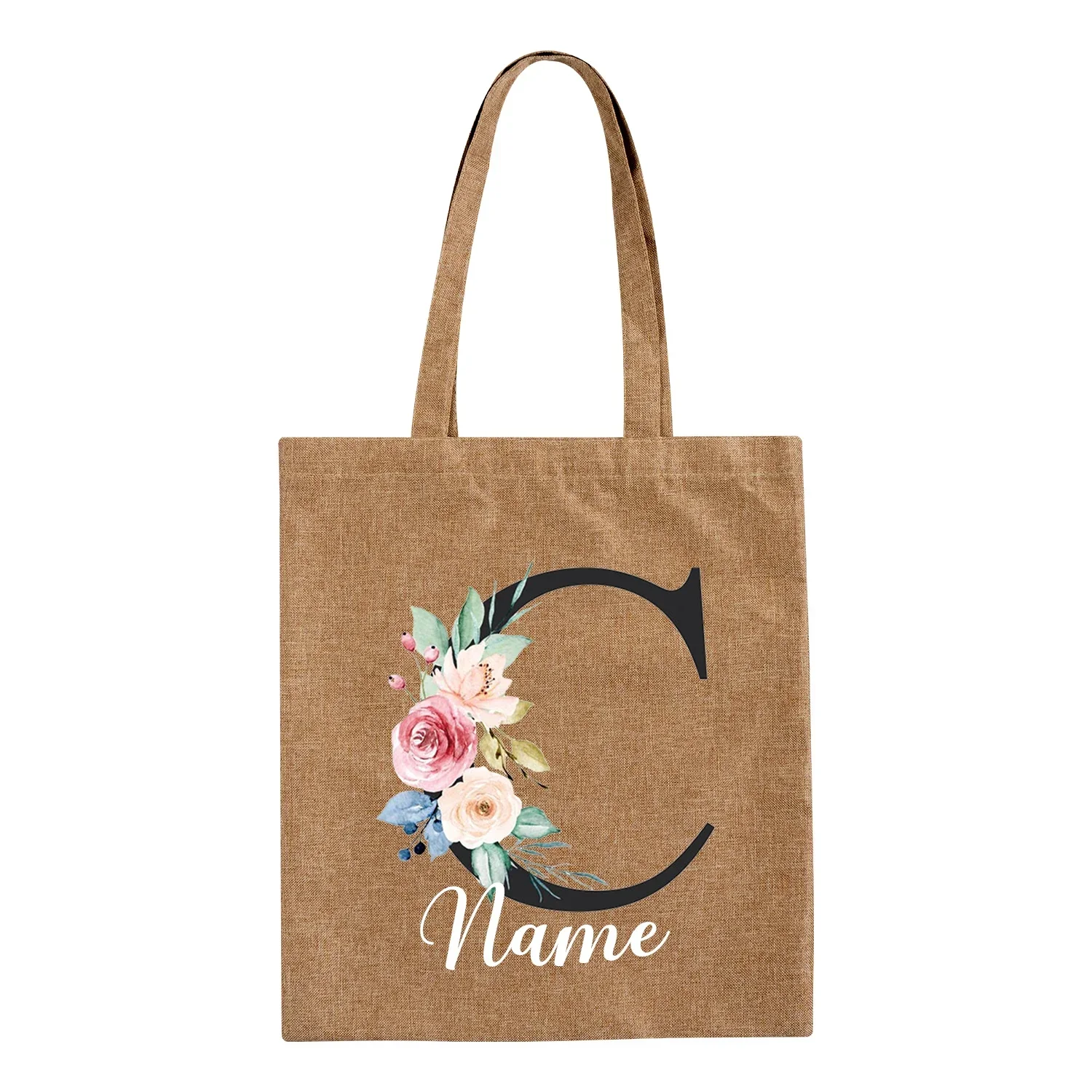 Foldable Shopping Bag Flower Letter Customize Name Linen Bag Ladies Casual Tote Bag Large Capacity Reusable Christmas Gift Bags