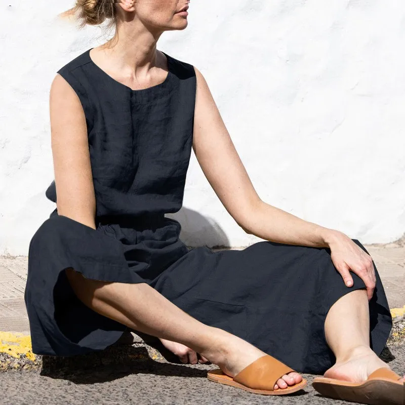 

Весенне-летний льняной комбинезон без рукавов, однотонный комбинезон с карманами и эластичной резинкой на талии, широкие брюки, повседневный свободный комбинезон для поездок на работу