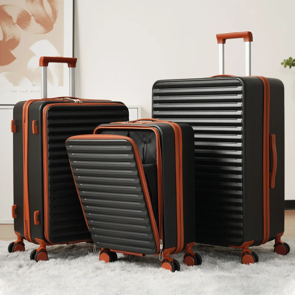 3-teiliges Gepäck-Set, 20" 24" 28" Hartschalen-Gepäckset mit Vordertasche mit TSA-Loc, USB, Universalrad, Getränkehalter, Schwarz