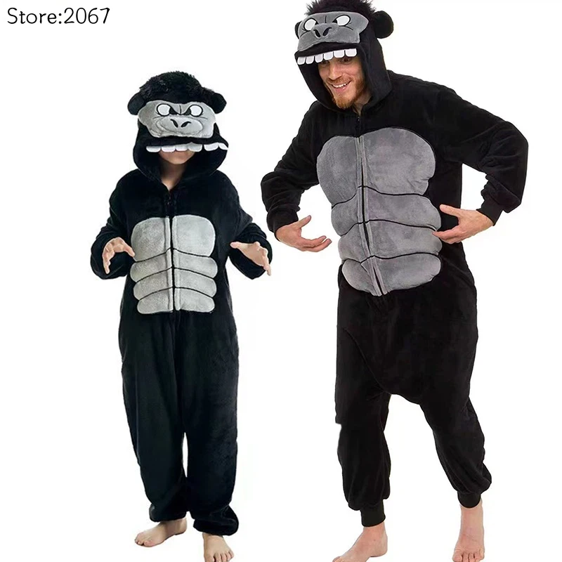 Erwachsene Kinder Monster Affen-Decke Onesie Tier-Schimpansen-Kapuzenpyjama Erwachsenen-Gorilla-Ganzkörperanzug Halloween-Kostüm für die Familie