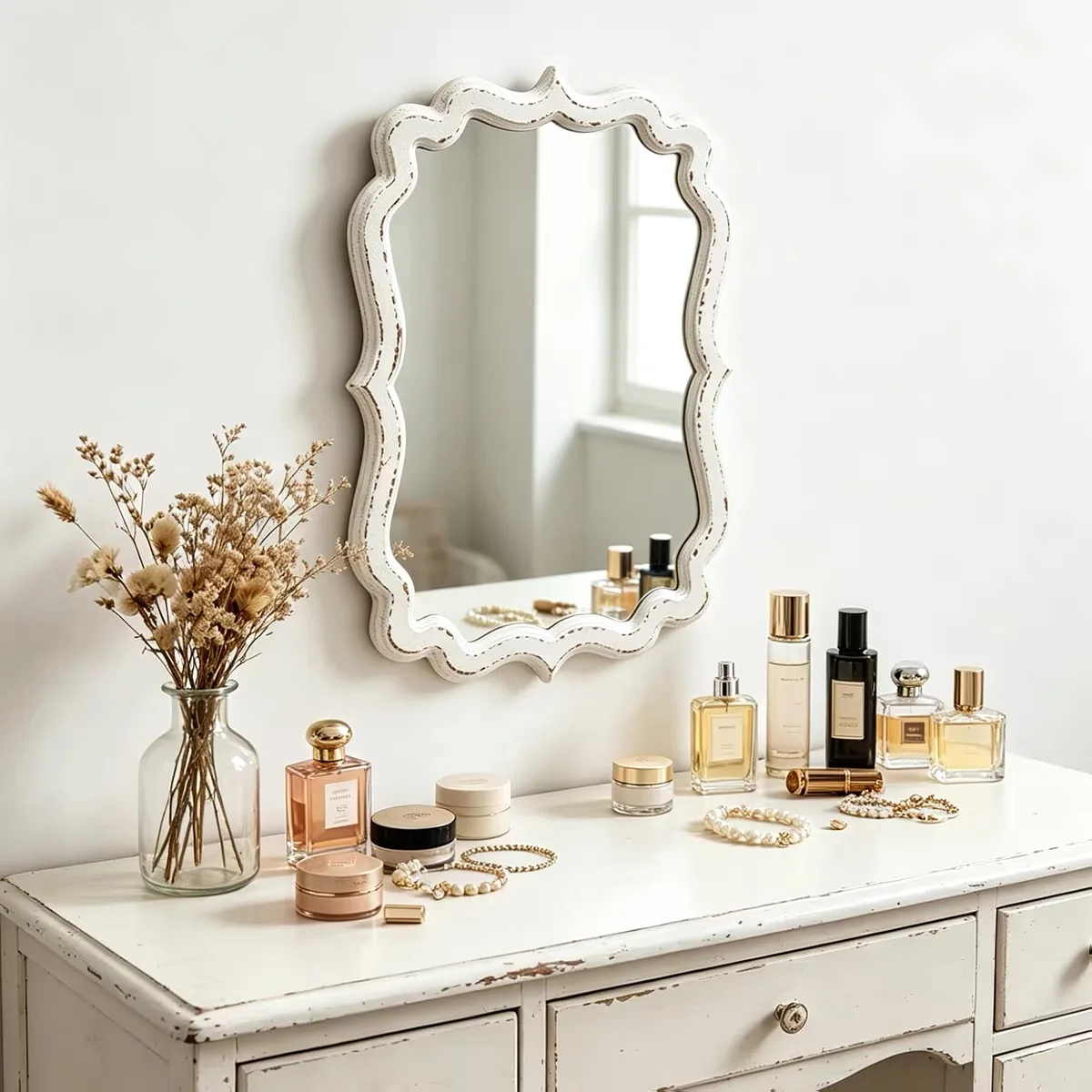 Vintage French White Wall Mirror Distressed Ornate Scalloped MDF Frame Decorative Mirror for Bathroom Entryway Vanity Decor Home