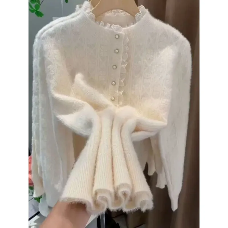 

Women's Half Turtle Neck Beaded Lace Spliced Knitted Autumn and Winter Button Solid Long Sleeve Casual Elegant Top