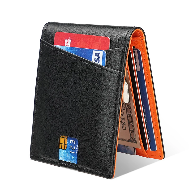 

100% Genuine Leather Men's Wallet Business Money Clip RFID Blocking Slim Credit Card Holder Purses Metal Cash Clamp for Male