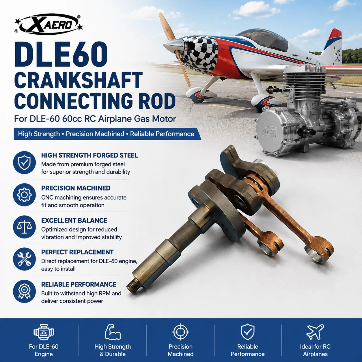 DLE60 Crankshaft Connecting Rod for DLE-60 Engine, 60cc RC Airplane Gas Motor Parts, High Strength Forged Steel Replacement