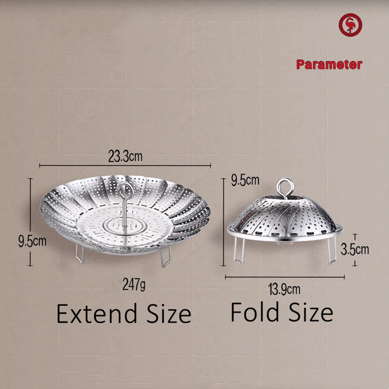 LFGB Certificate 304 Stainless Baozi Steamer Foldable Food Steaming Tray with 4cm Height Rack and 3mm Holes Detachable Handle