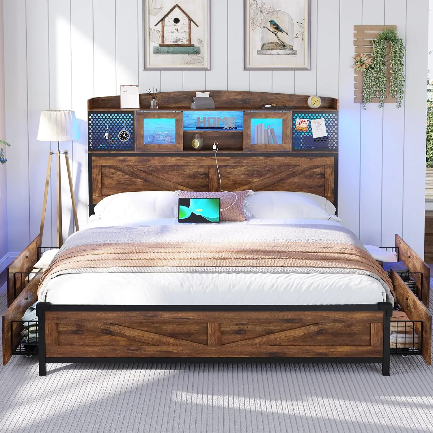 Queen Size Farmhouse Style Bed Frame with LED Lights Charging Station Rustic Brown Storage Headboard Sliding Doors Metal Steel