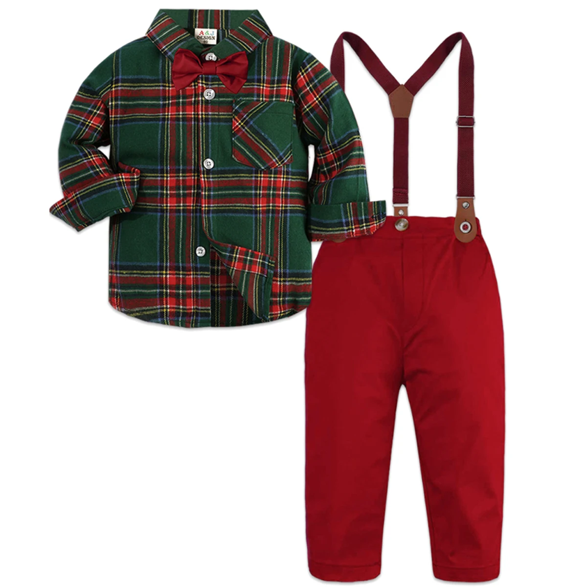 Christmas Outfits Baby Boys Formal Clothing Sets Kids Plaid Green Red Suit Toddler Suspenders Pants Set