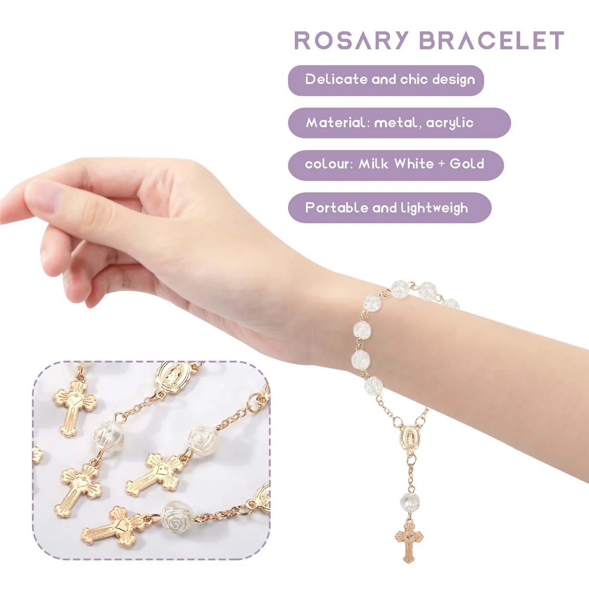 20Pcs Baptism Favors with Cross Mini Rosaries Acrylic Beads Bracelet Christening Communion Finger Rosarie Bracelet