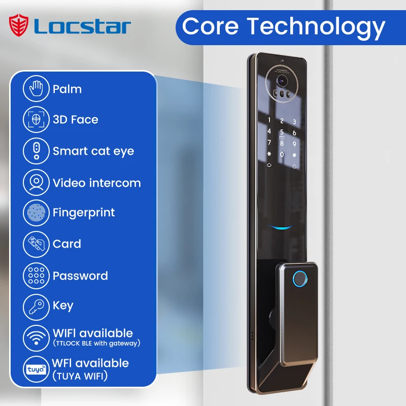 Locstar numerical control processing technology 4.5 inch large screen 3D face visual intercom WIFI smart door lock with camera a