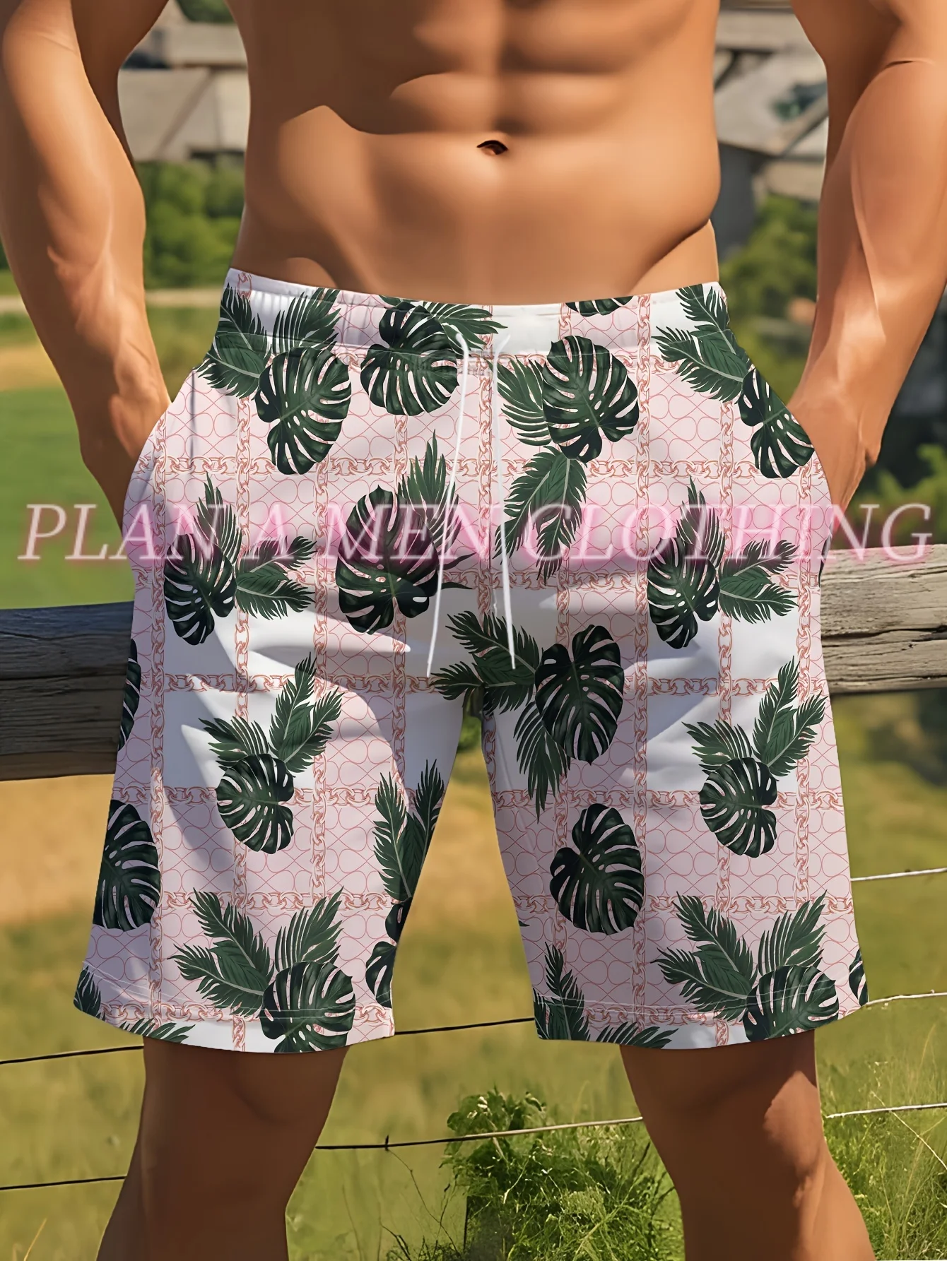 2025 New Men Adult Shorts Men's Hawaiian Casual Beach Green Leaf Plant Print Daily Drawstring Beach Shorts Men Men Clothing