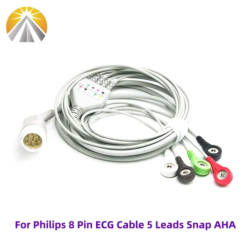 For Philips Monitor 8 Pin One Piece ECG Cable  with 3 Leads or 5 Leadwires Snap Type AHA Standard M1722A M1723A M2425A