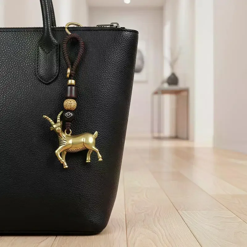 Antique Brass Zodiac Goat Keychain Copper Sheep Animal Key Ring Lightweight Holder for Car Bag Holiday Gift