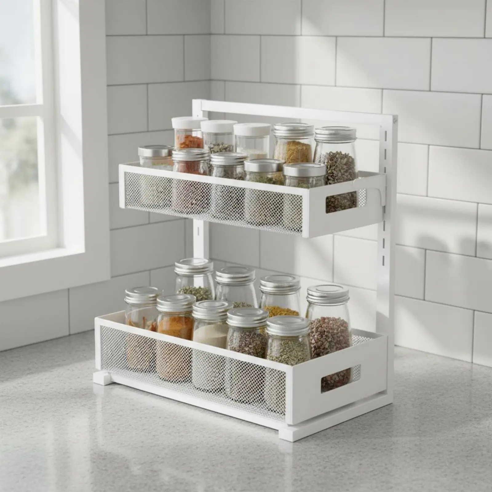 

Pull-Extendable Cabinet Organizer Multi-Purpose Adjustable Seasoning Rack 2-Tier Sliding Basket Organizer Large Capacity