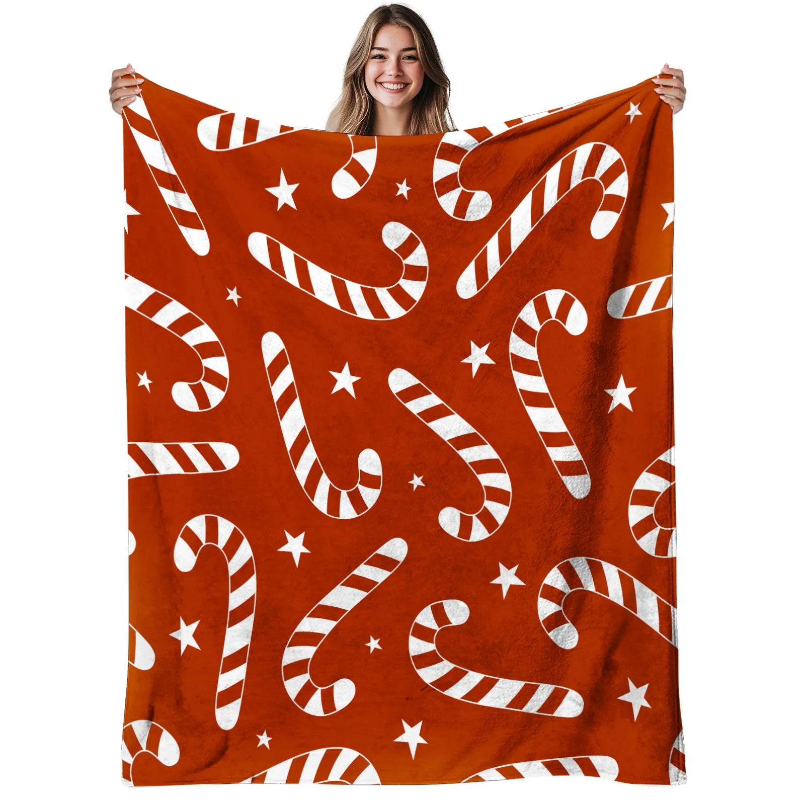 1pc Candy Cane Star Flannel Blanket - Soft Warm 280gsm All-Season Bedspread with Red & White Striped Candy Cane & Star Pattern, Cozy Christmas Bedding for Sofa, Bed, Couch - Red/Grey Holiday Decor (Machine Washable)